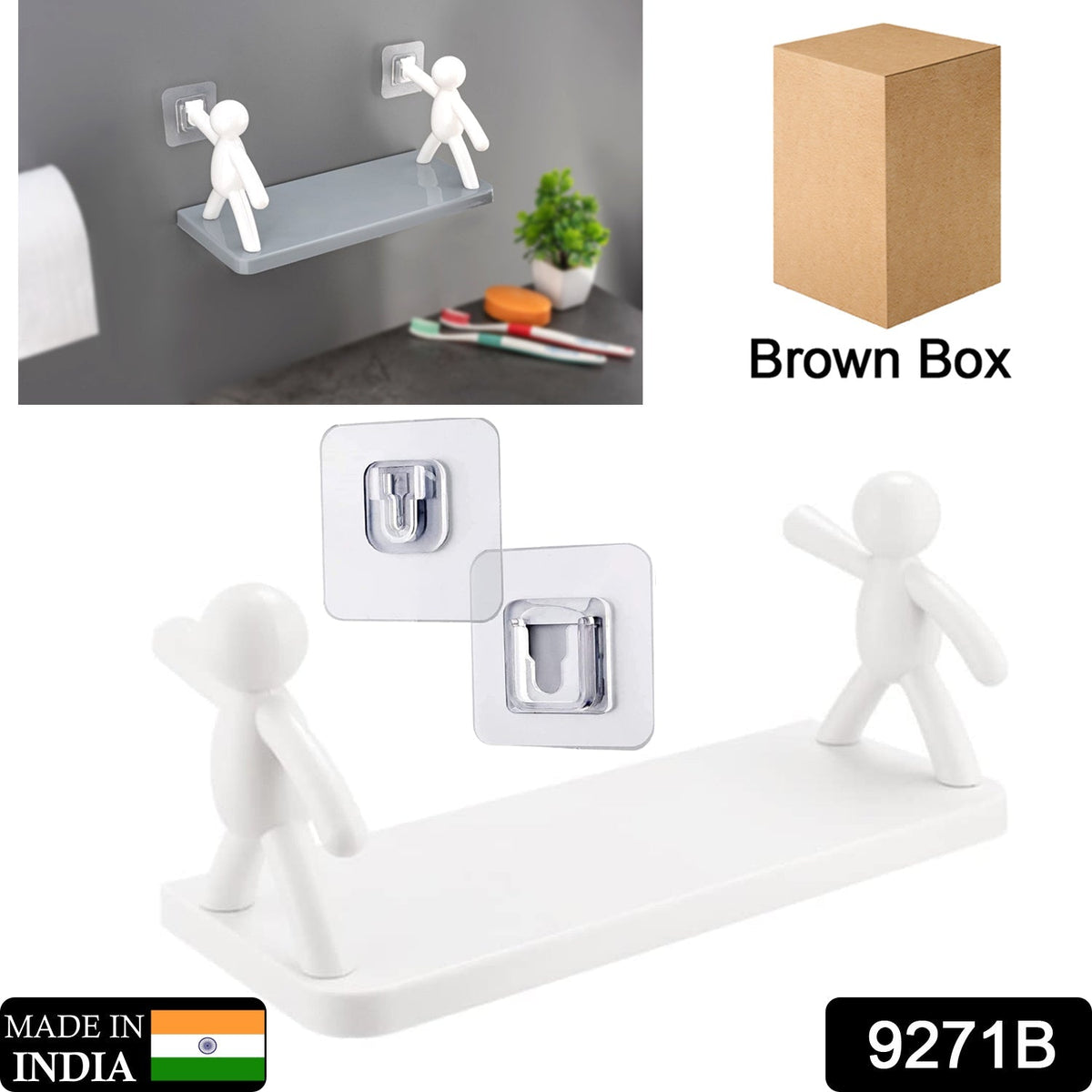 Wall-mounted organiser shelf with human figurine, ideal for displaying small items.