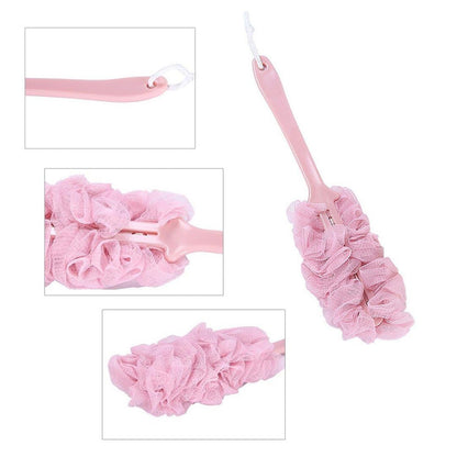 Dense nylon mesh shower brush with a sturdy long handle for deep cleansing.