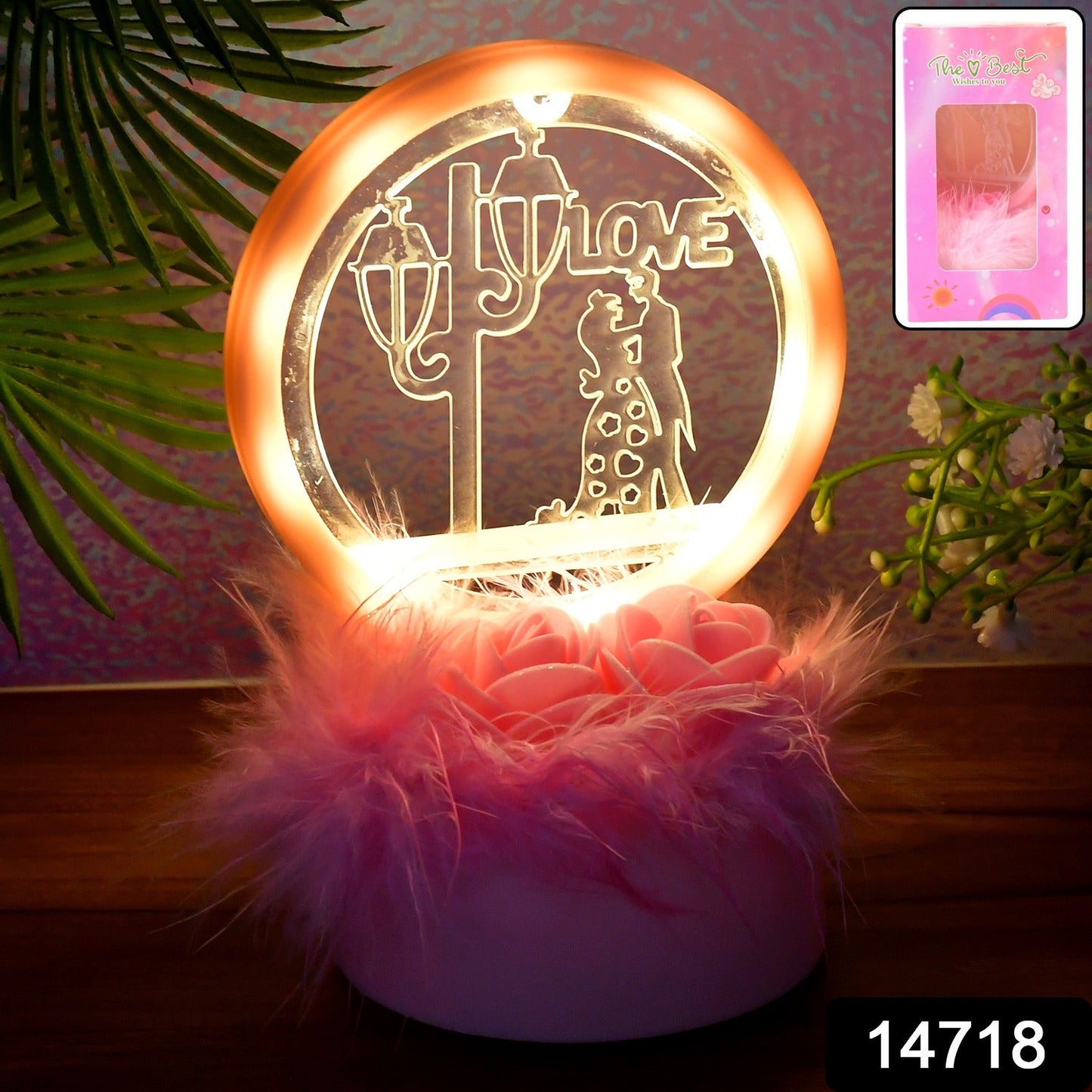 Round Romantic Love Couple Showpiece with floral fluffy pink base
