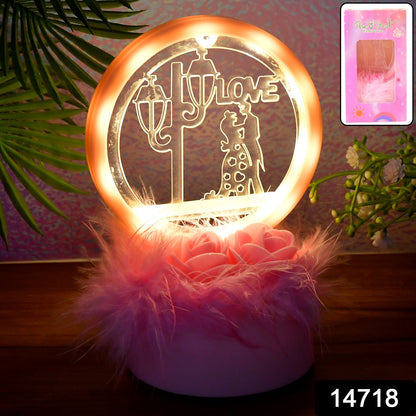 Round Romantic Love Couple Showpiece with floral fluffy pink base
