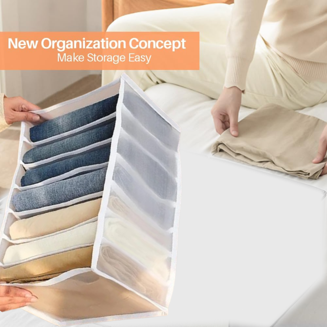 Organivo 7 Grid Clothes Organizer folded flat for convenient, space-saving storage.