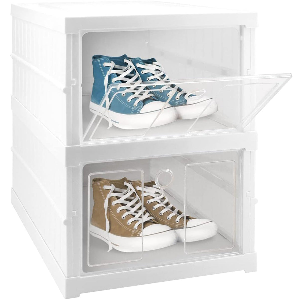 A person easily moving the stackable storage rack, demonstrating its mobility and casters.