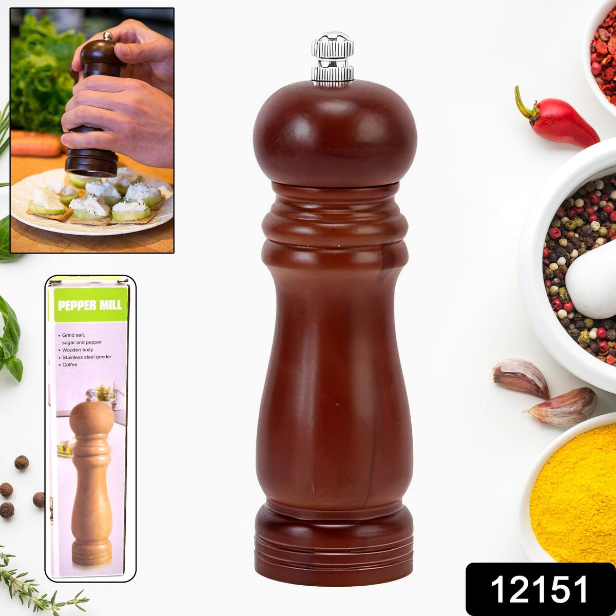 Close-up view of a classic wooden pepper mill, showcasing its natural grain and smooth finish.