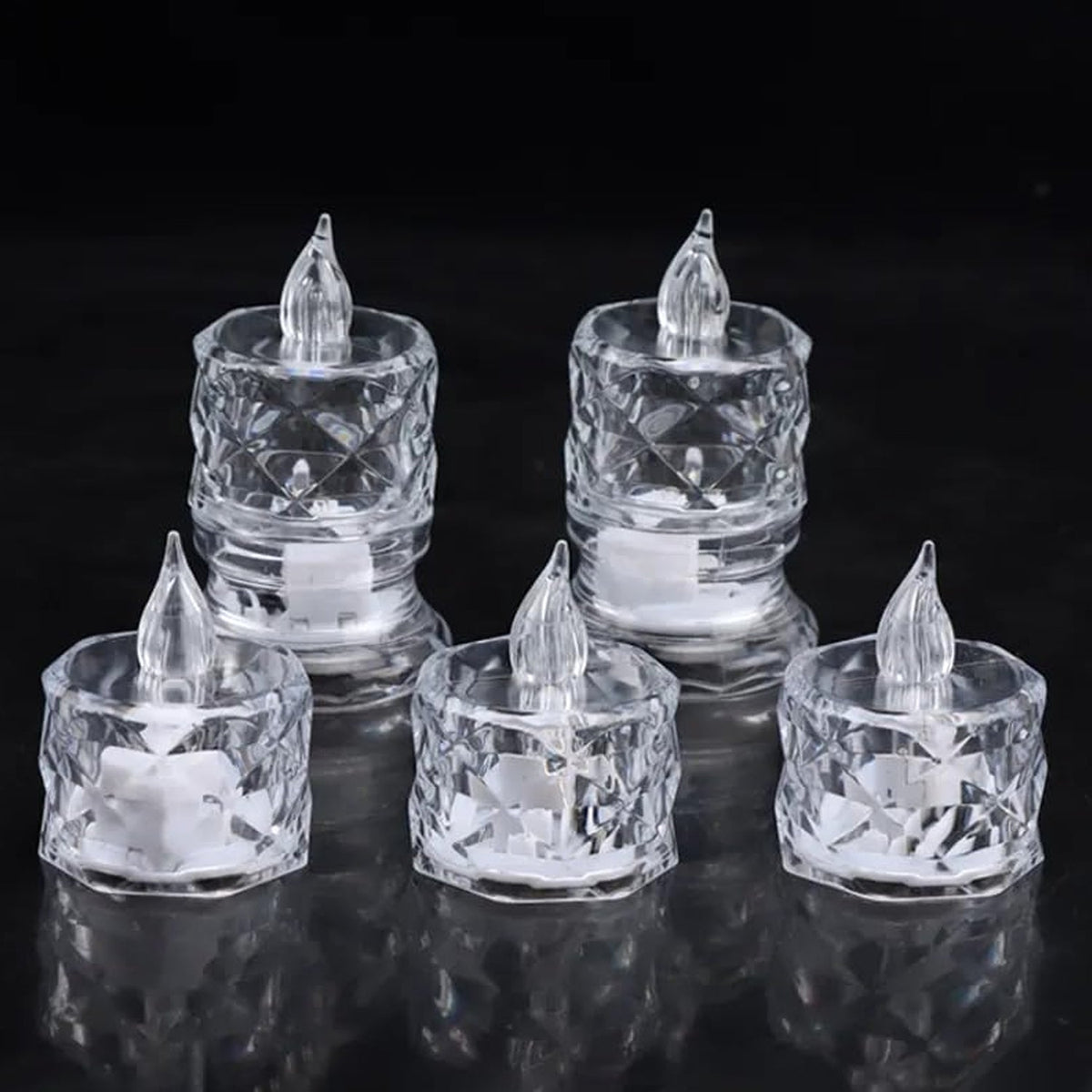 Transparent LED tea lights casting a soft, safe light for any occasion.