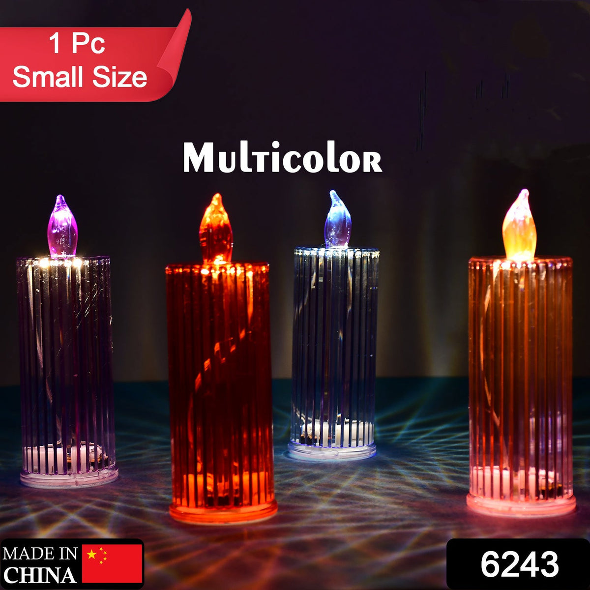 Close-up of the vibrant multicolor glitter swirling inside the LED Crystal Candle.