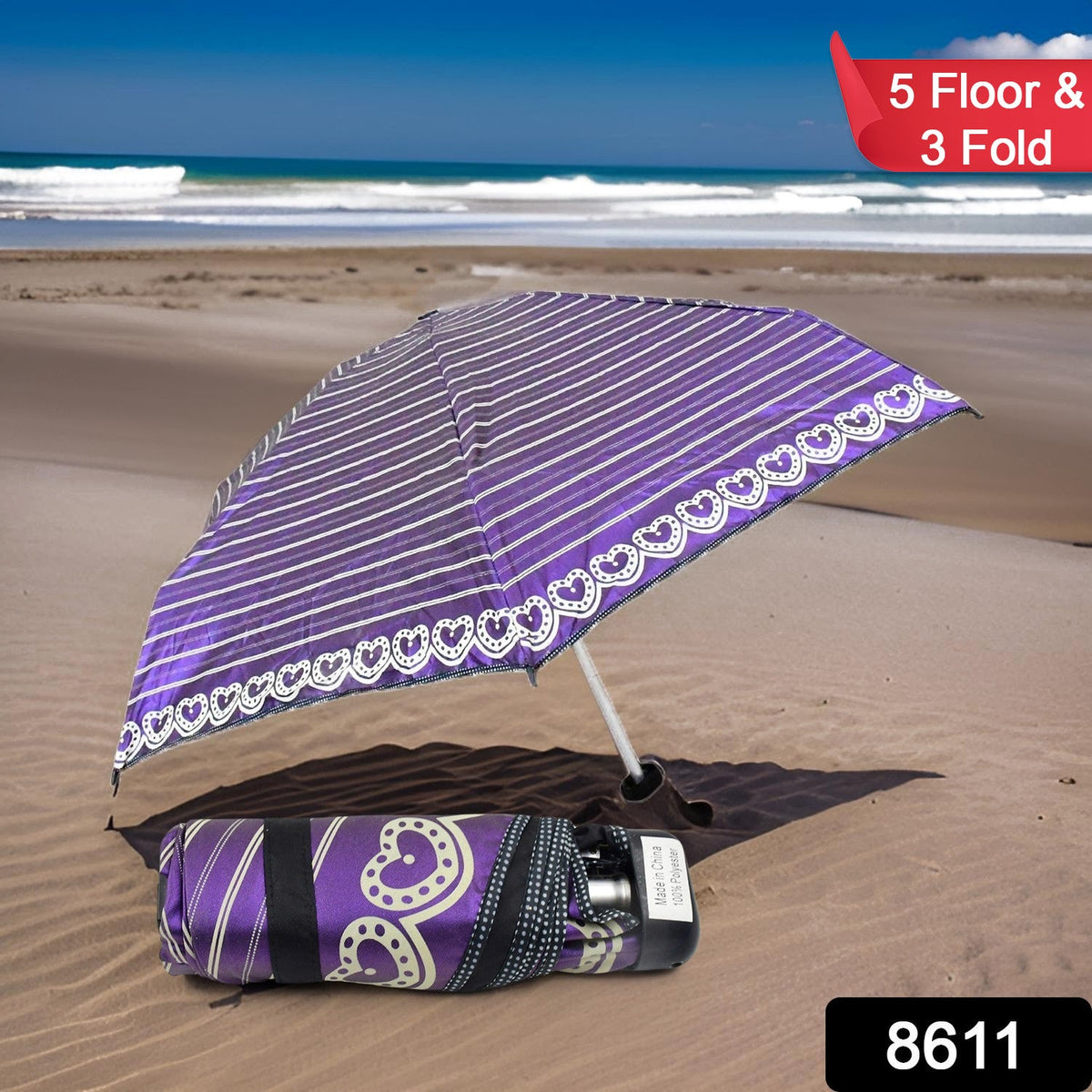 Compact 3-fold sun protective umbrella shown fully open, ready for use.