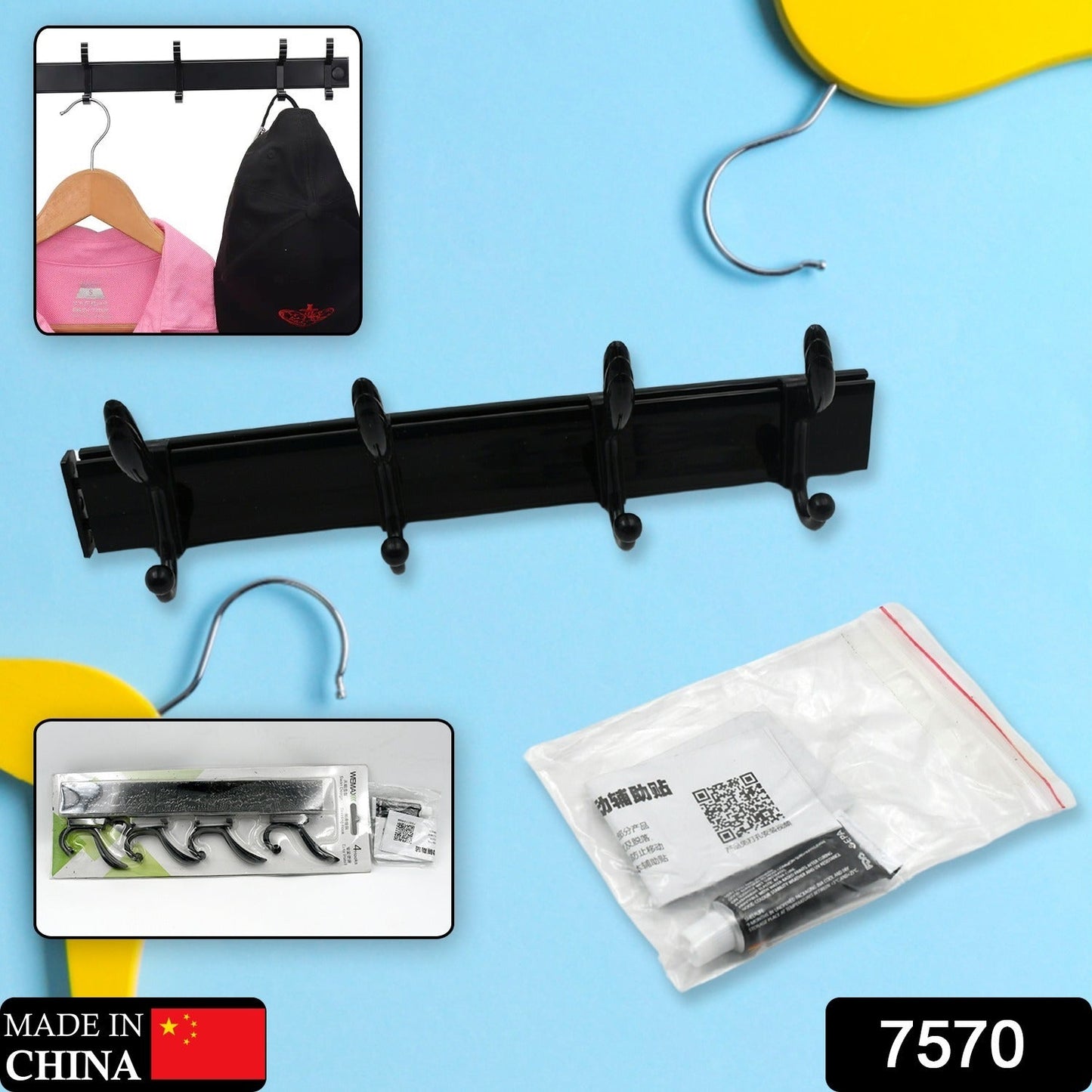 Extra Long 4-Hook Wall Coat Hanger with Eco Adhesive