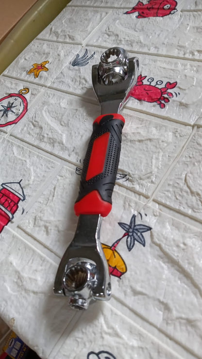 Full view of the multi-function tool, emphasizing its swivel head and multiple sockets.