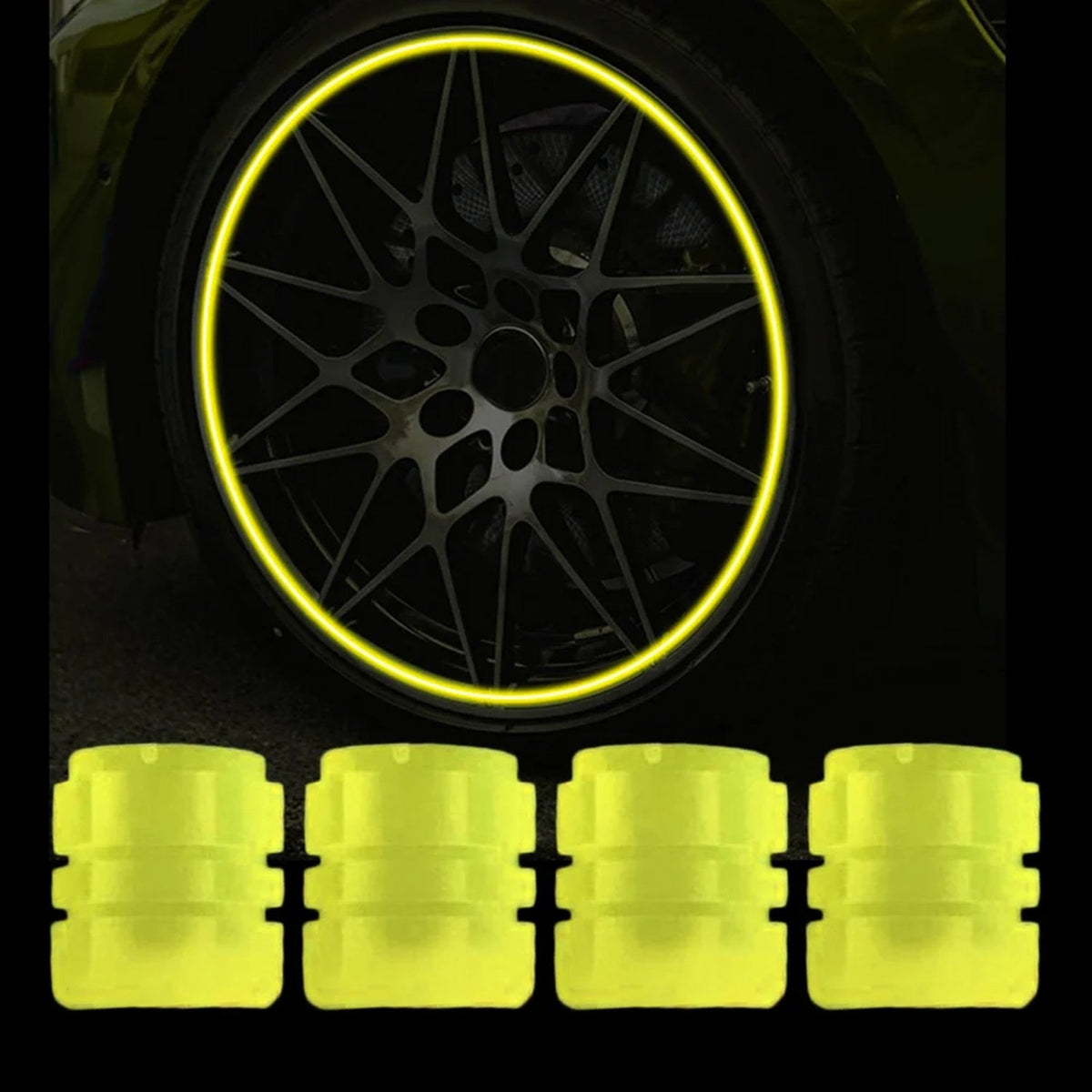 Set of four fluorescent green valve stem caps