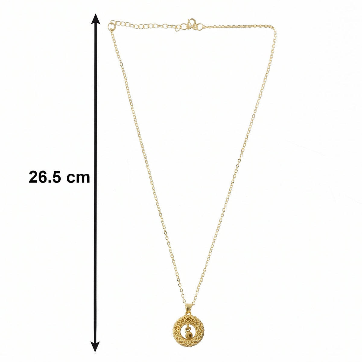 angled view of golden necklace chain and intricate pendant