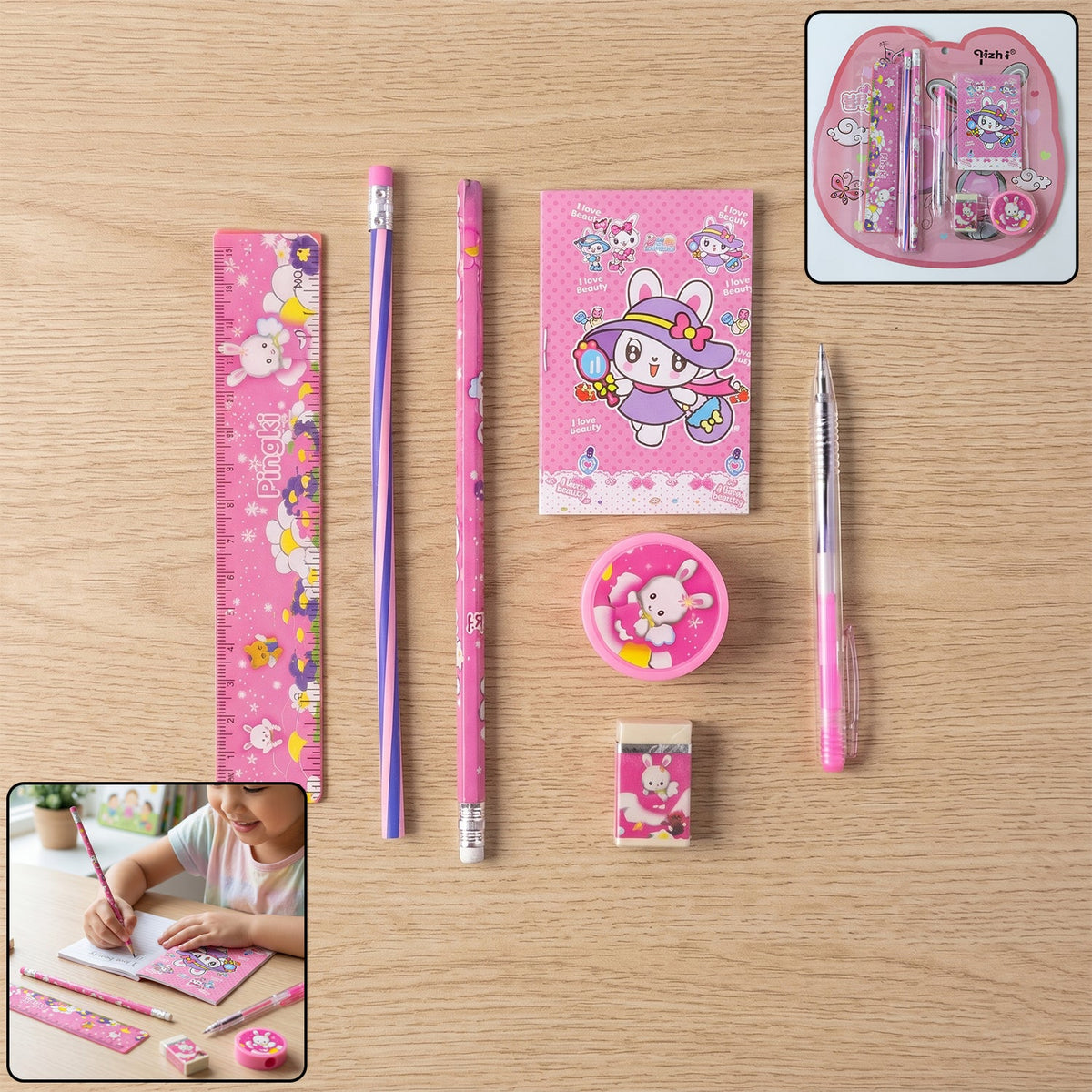 Pink 7-in-1 children’s stationery components with playful designs