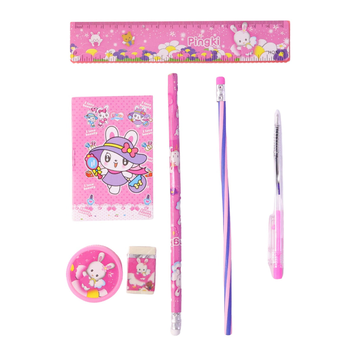 Complete pink kids stationery set displayed with all items