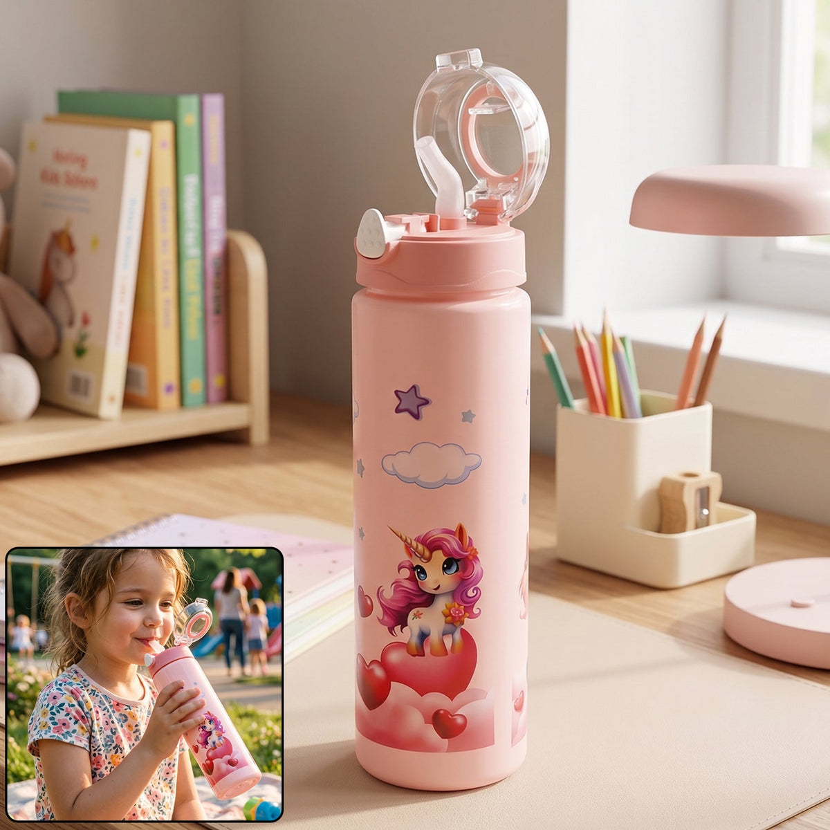 Cute princess cartoon water bottle for kids with flip straw lid