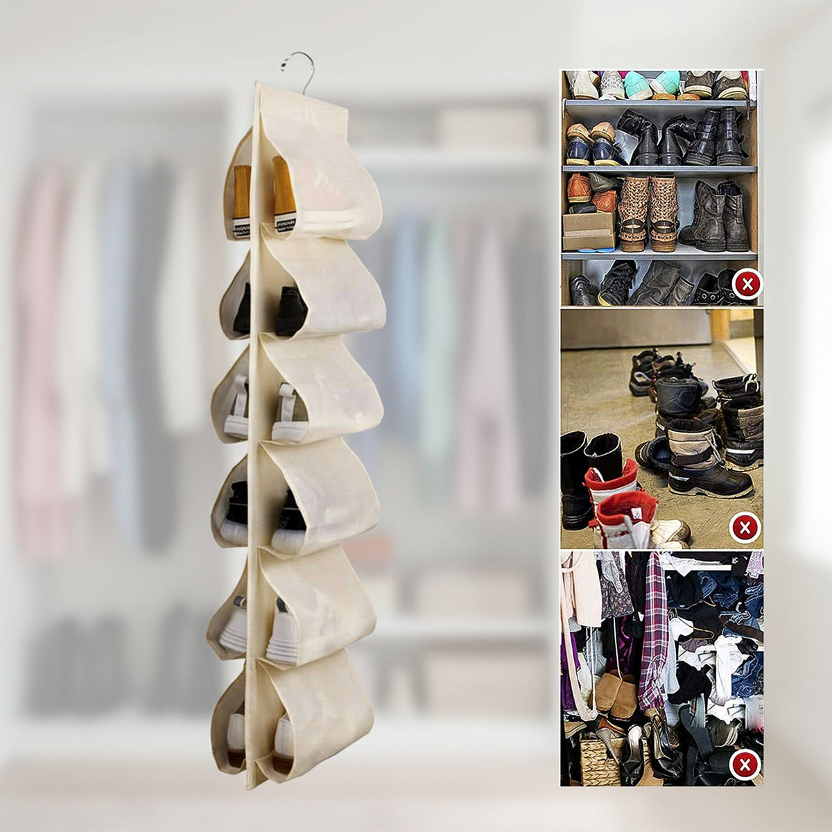 Closet with colorful hanging shoe organizer for efficient shoe storage