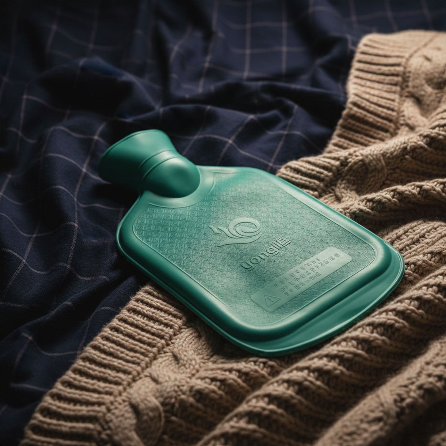 Detailed close-up view of the hot water bottle's stopper and textured surface