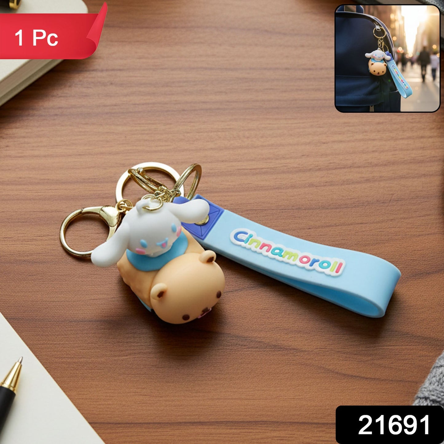 Close-up of cartoon dog keychain made of flexible silicone and durable metal ring