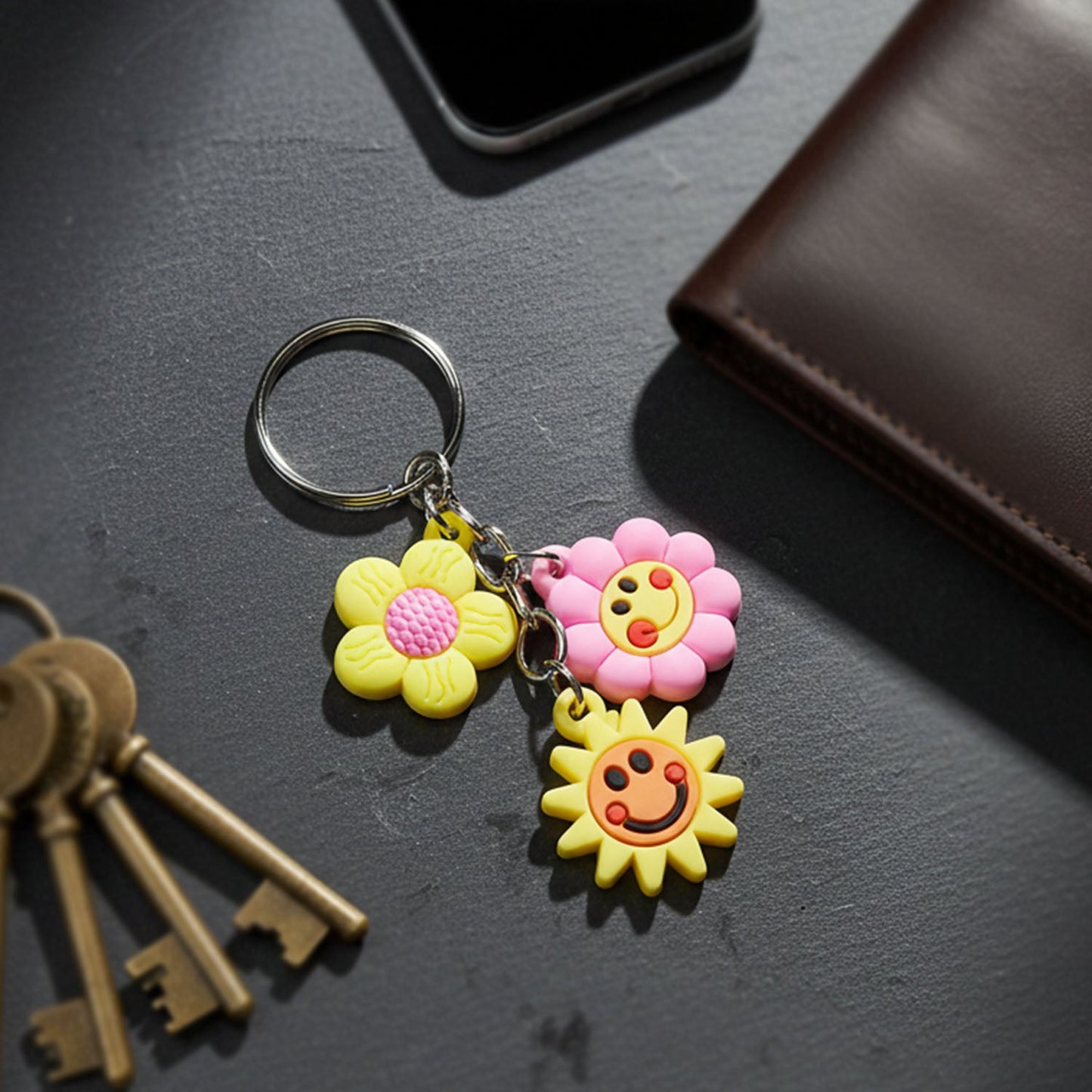 Colorful triple charm flower cartoon keychain used as bag charm