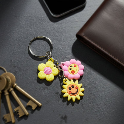 Colorful triple charm flower cartoon keychain used as bag charm