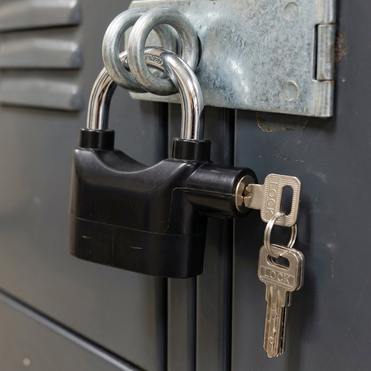 Safora Security Alarm Padlock securing a sturdy metal gate, demonstrating its anti-theft use.