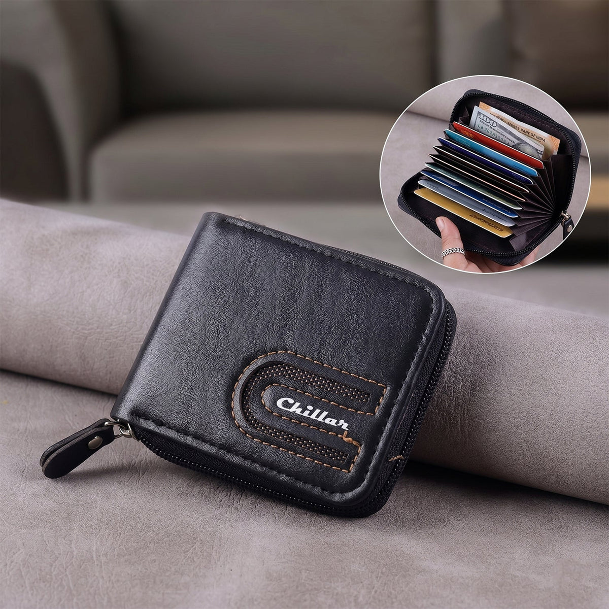 Side perspective of compact zip-around cardholder wallet