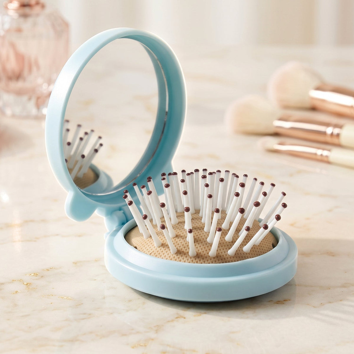 Compact pop up brush and mirror set for on the go grooming