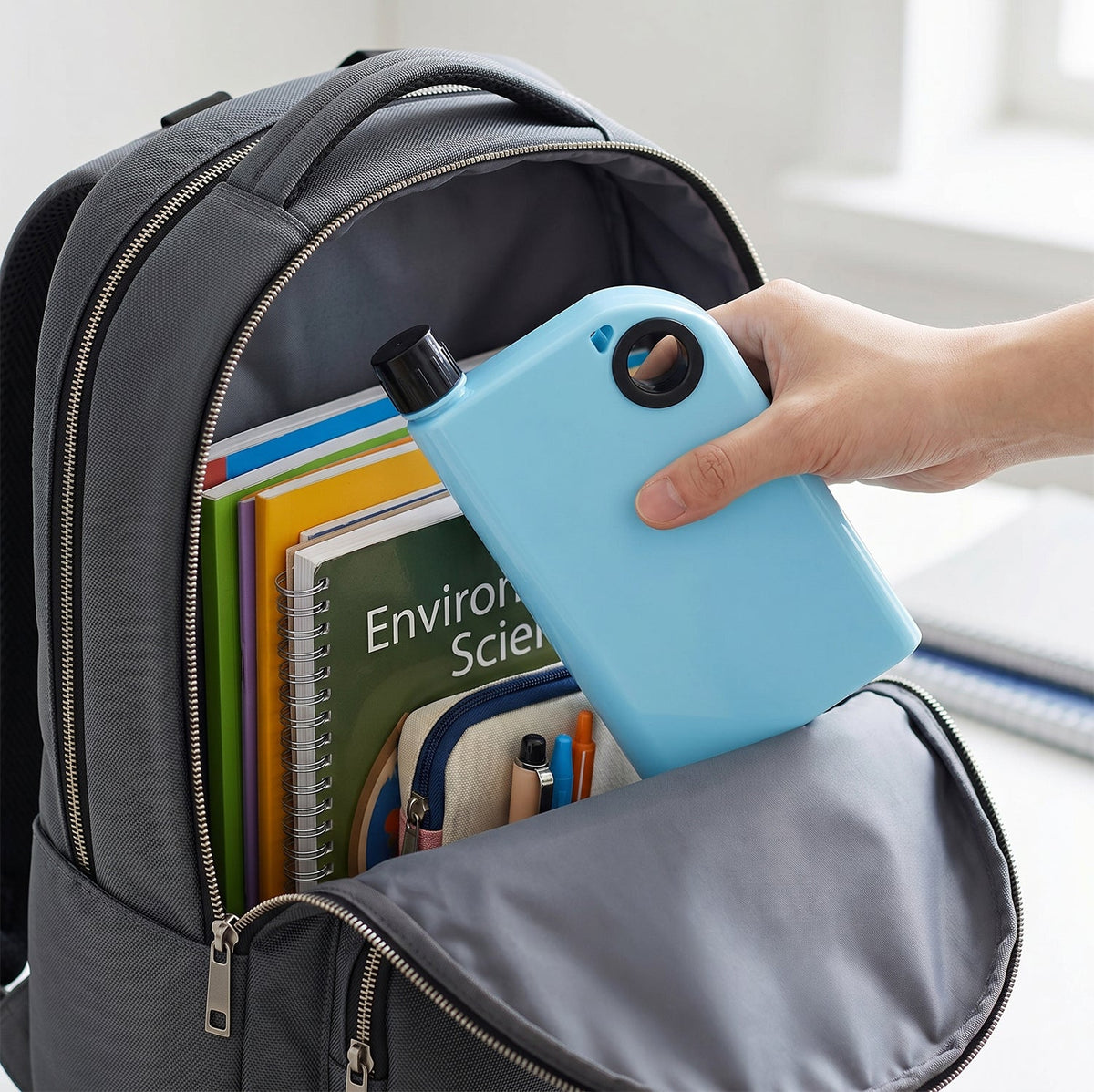 Slim portable leak resistant bottle