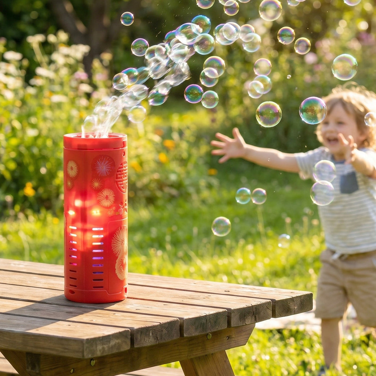 Kids bubble machine toy with colorful LED lights for playful enjoyment