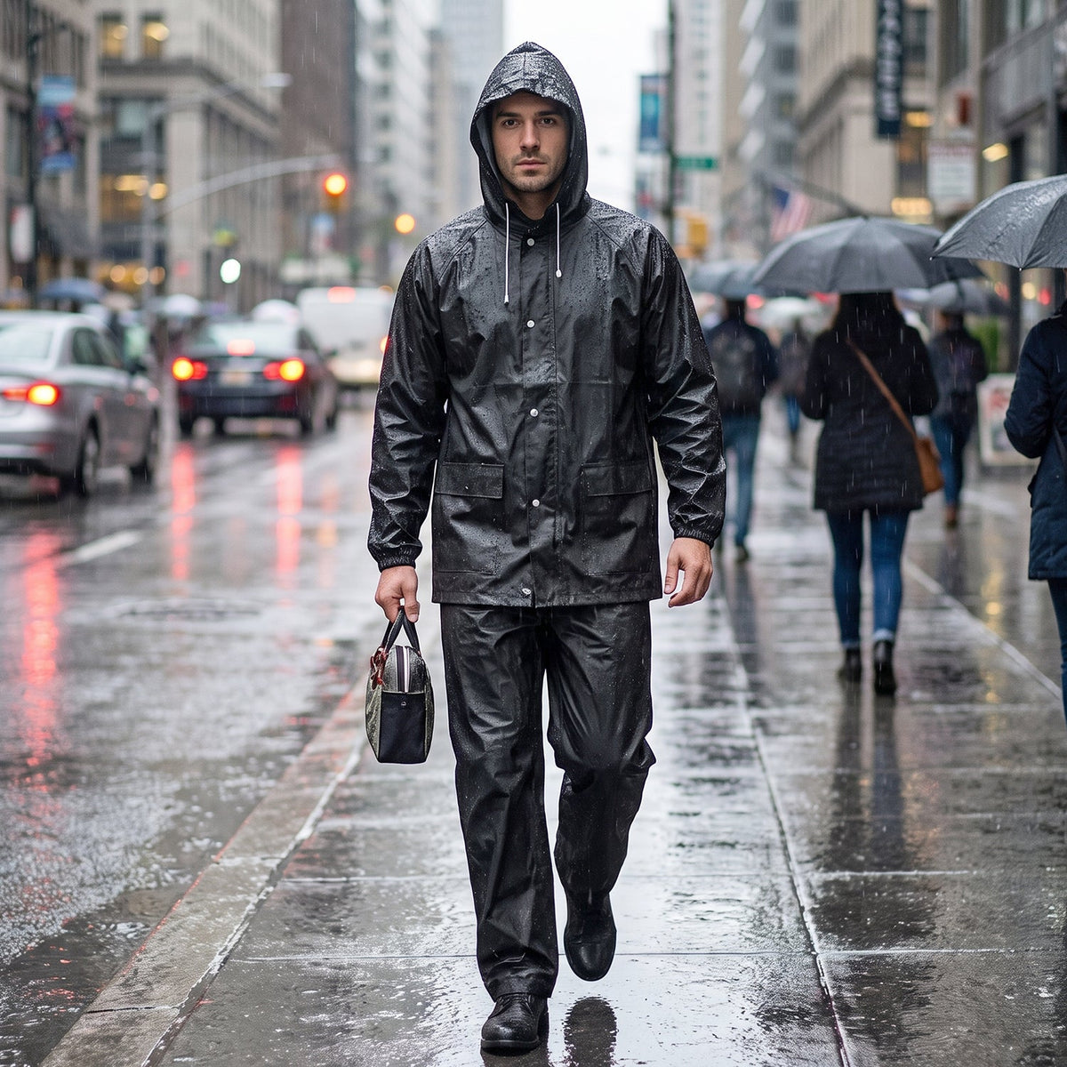 Foldable EVA rain suit with hood provides reliable protection on rainy days.