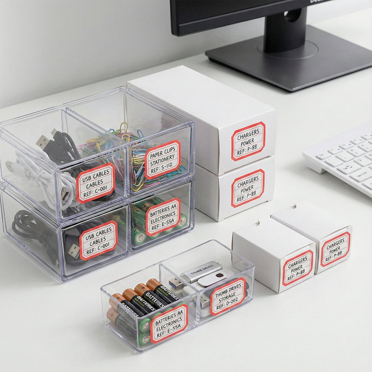 Kitchen organizer using self-adhesive rectangular label stickers for clear labels
