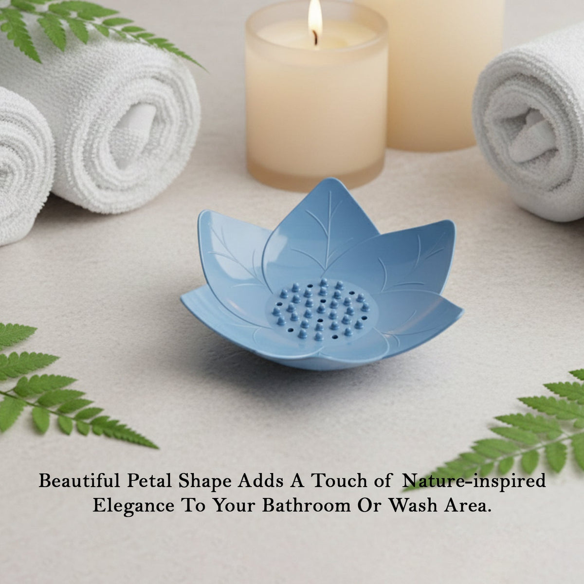 Close-up of lotus blossom soap holder with fast-drain features