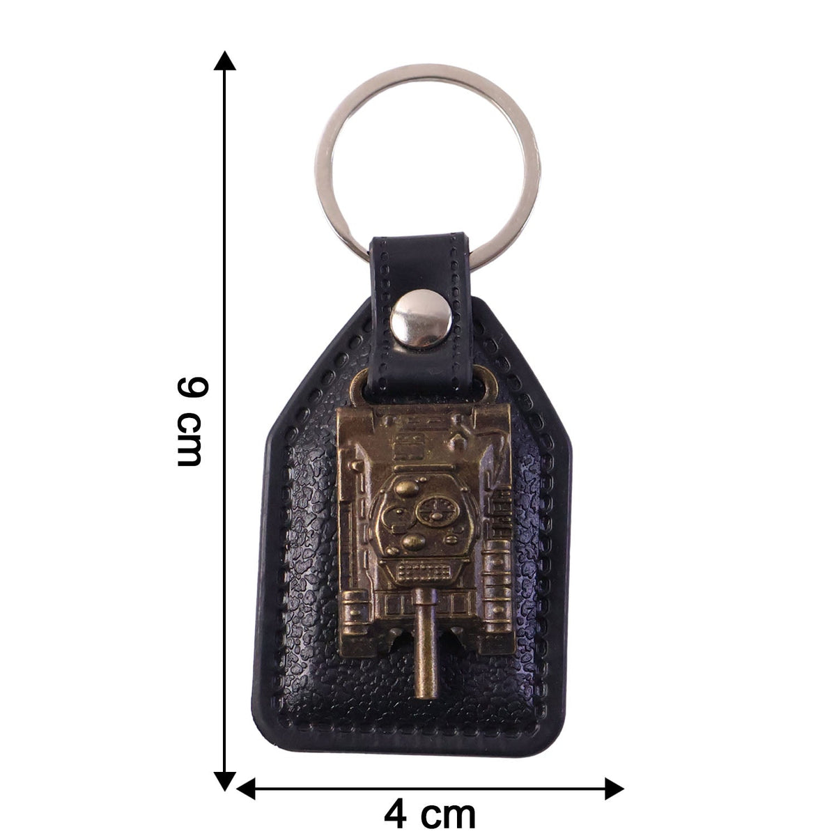 Size display of military tank design leather finish keychain showing compact dimensions