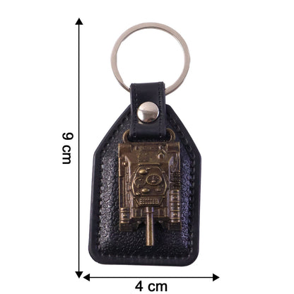 Size display of military tank design leather finish keychain showing compact dimensions