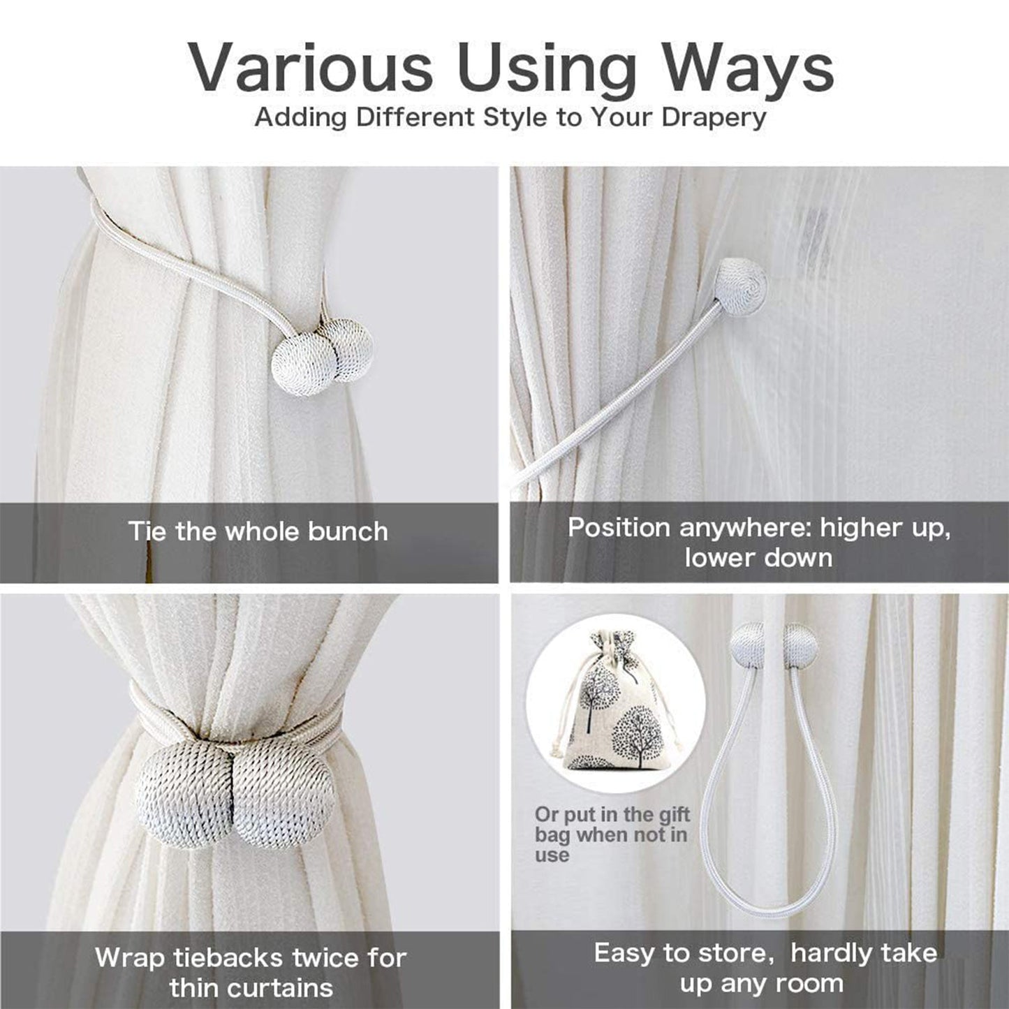 Magnetic curtain tieback securing a sheer white curtain with ease.