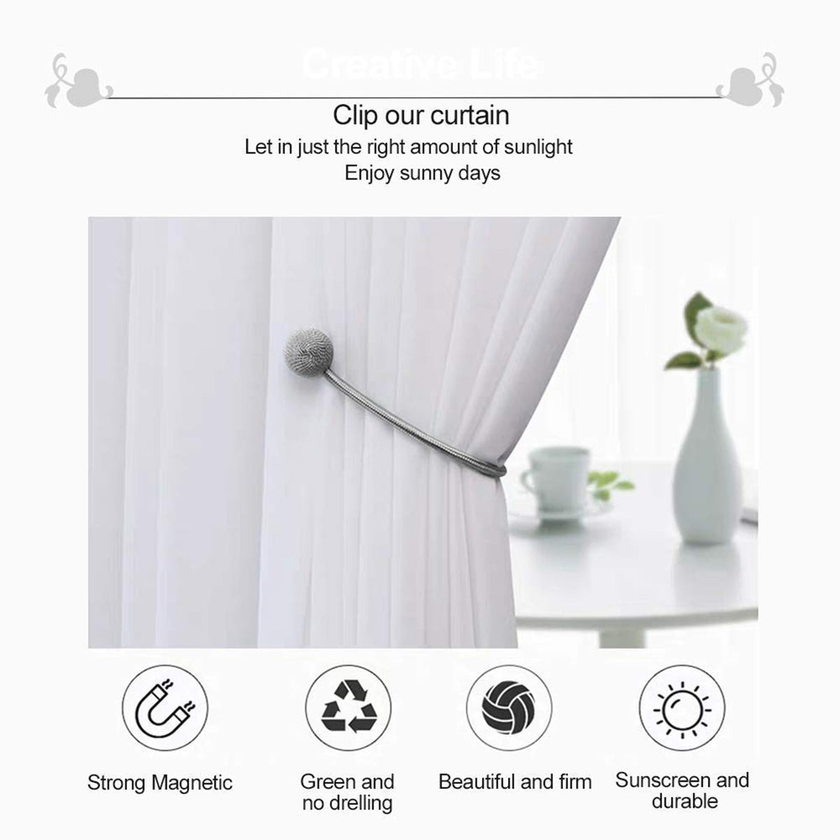 Magnetic curtain holdback with its two magnetic balls snapped together.
