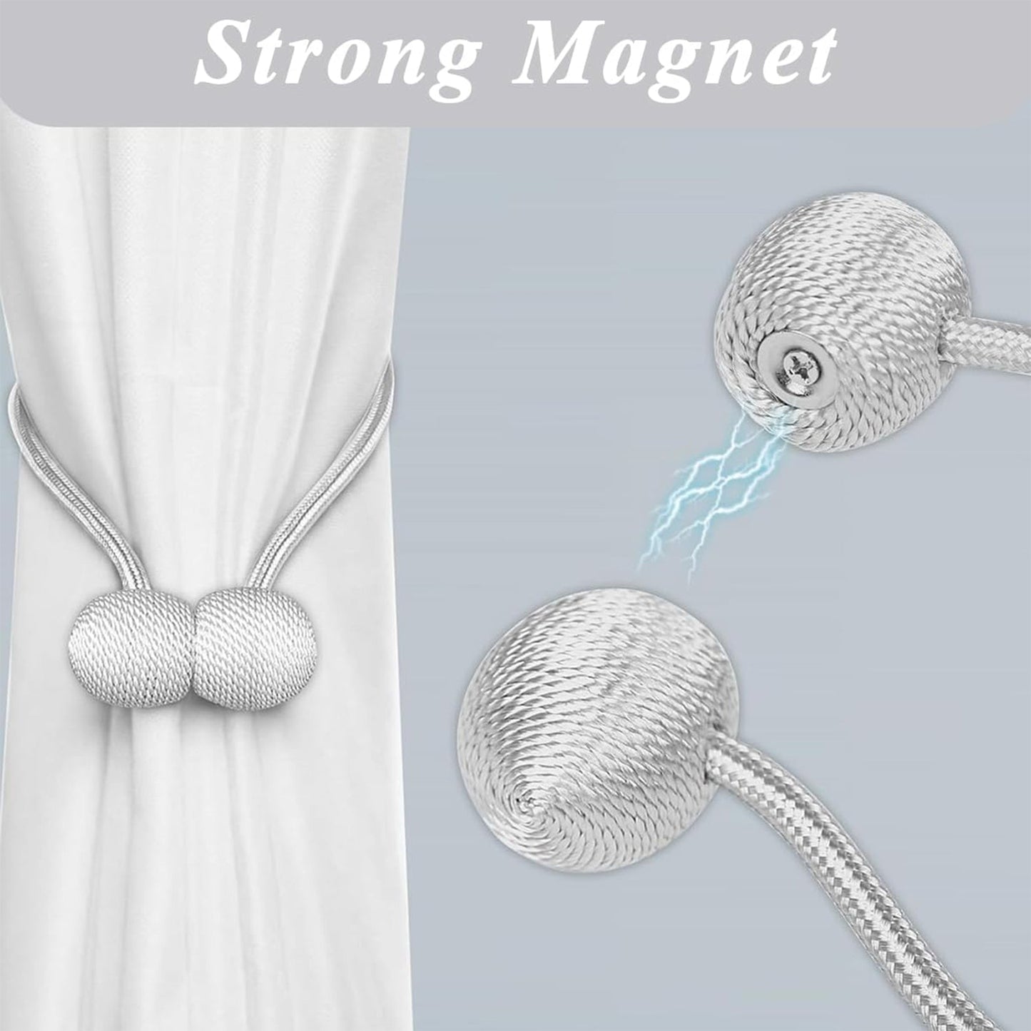 A pair of elegant silver magnetic curtain tiebacks arranged decoratively.