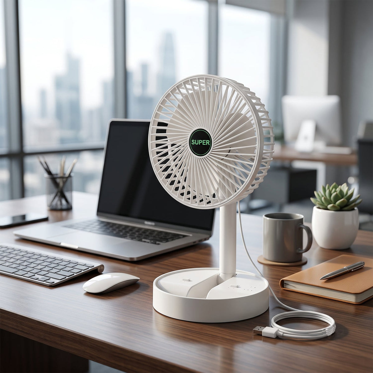 Adjustable height desktop fan powered by USB