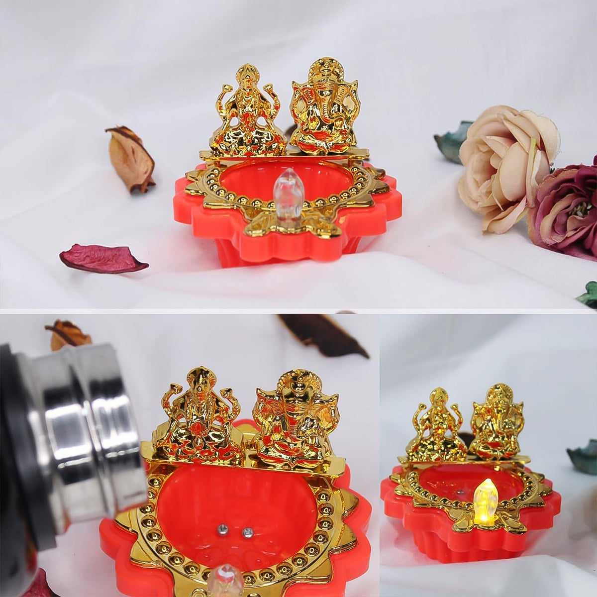 Decorative water sensor LED diya glowing during Diwali celebration