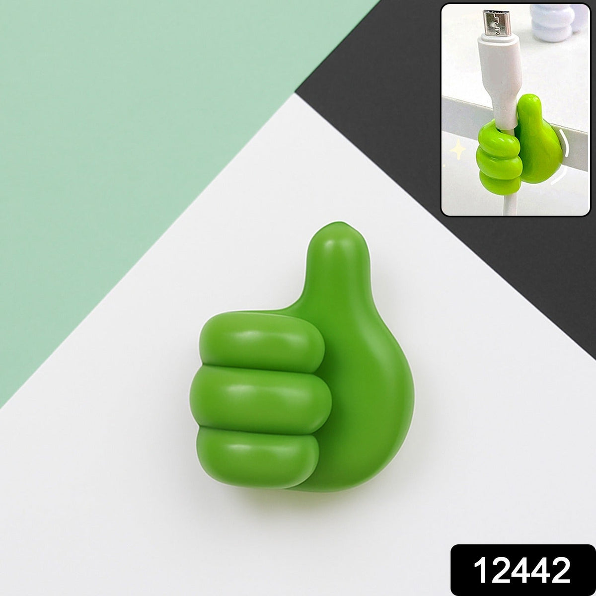 Close-up of flexible green hand-shaped clip holding a cable firmly