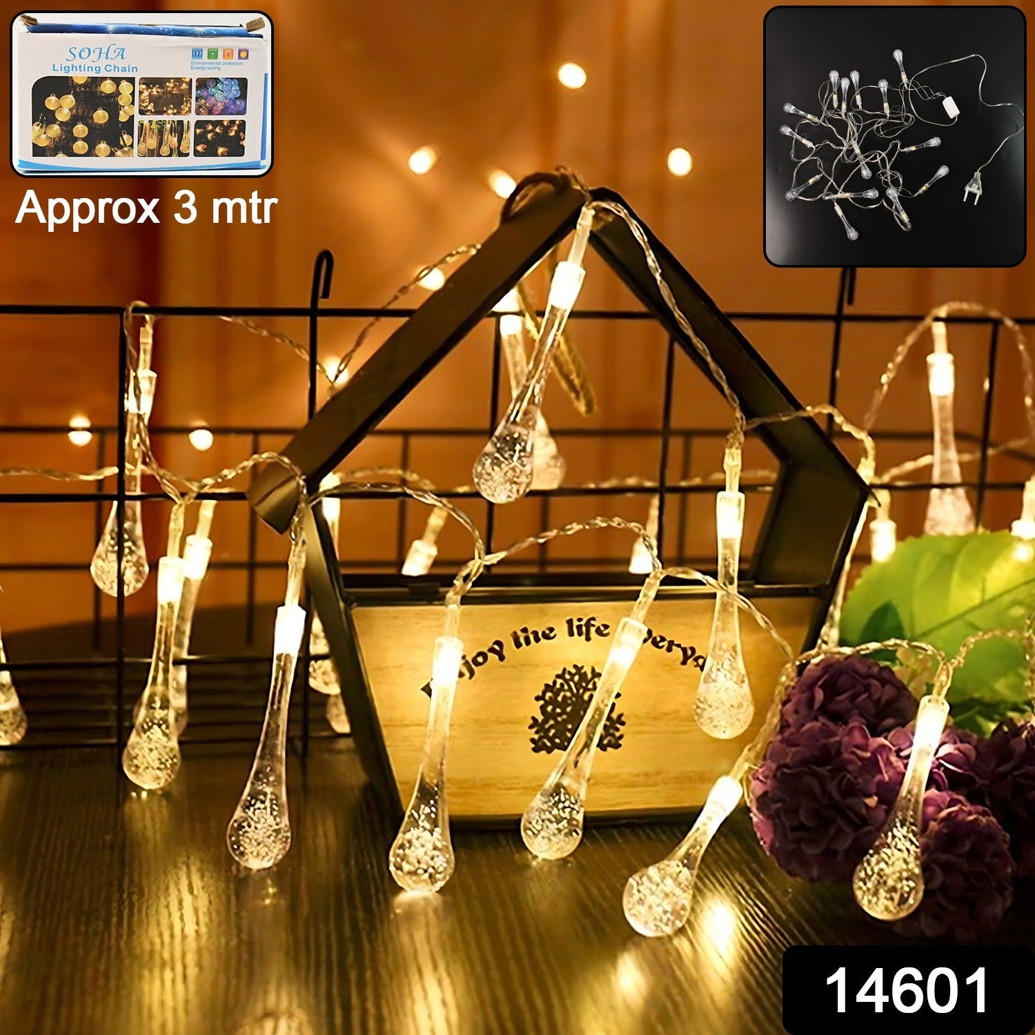 Warm white LED fairy lights with crystal water drop design for decoration.