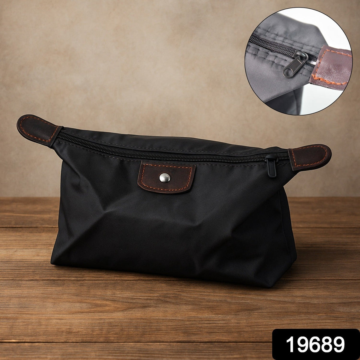 Waterproof multipurpose travel organizer pouch in black with brown detailing