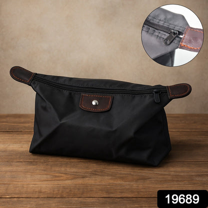 Waterproof multipurpose travel organizer pouch in black with brown detailing