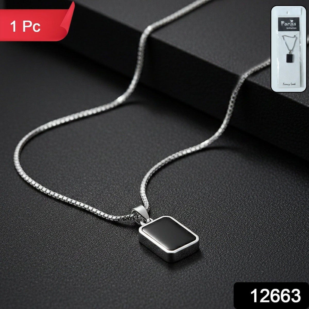 Close-up of men's pendant chain with black rectangular stainless-steel pendant