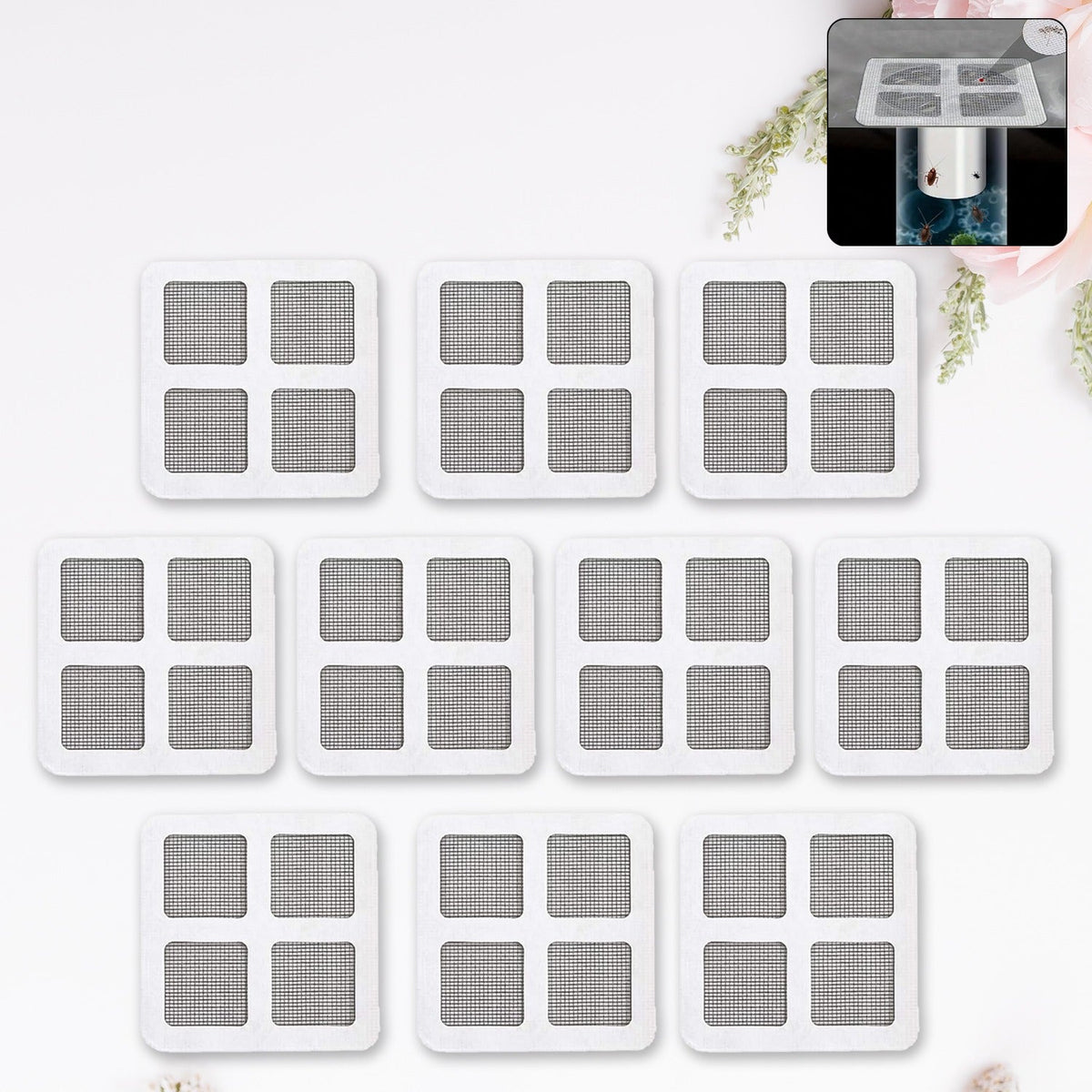Window Screen Repair Kit with ten self-adhesive mesh patches, ready to fix tears and holes.