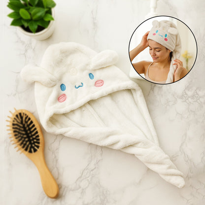 Microfiber hair drying towel wrap with cartoon face and button closure