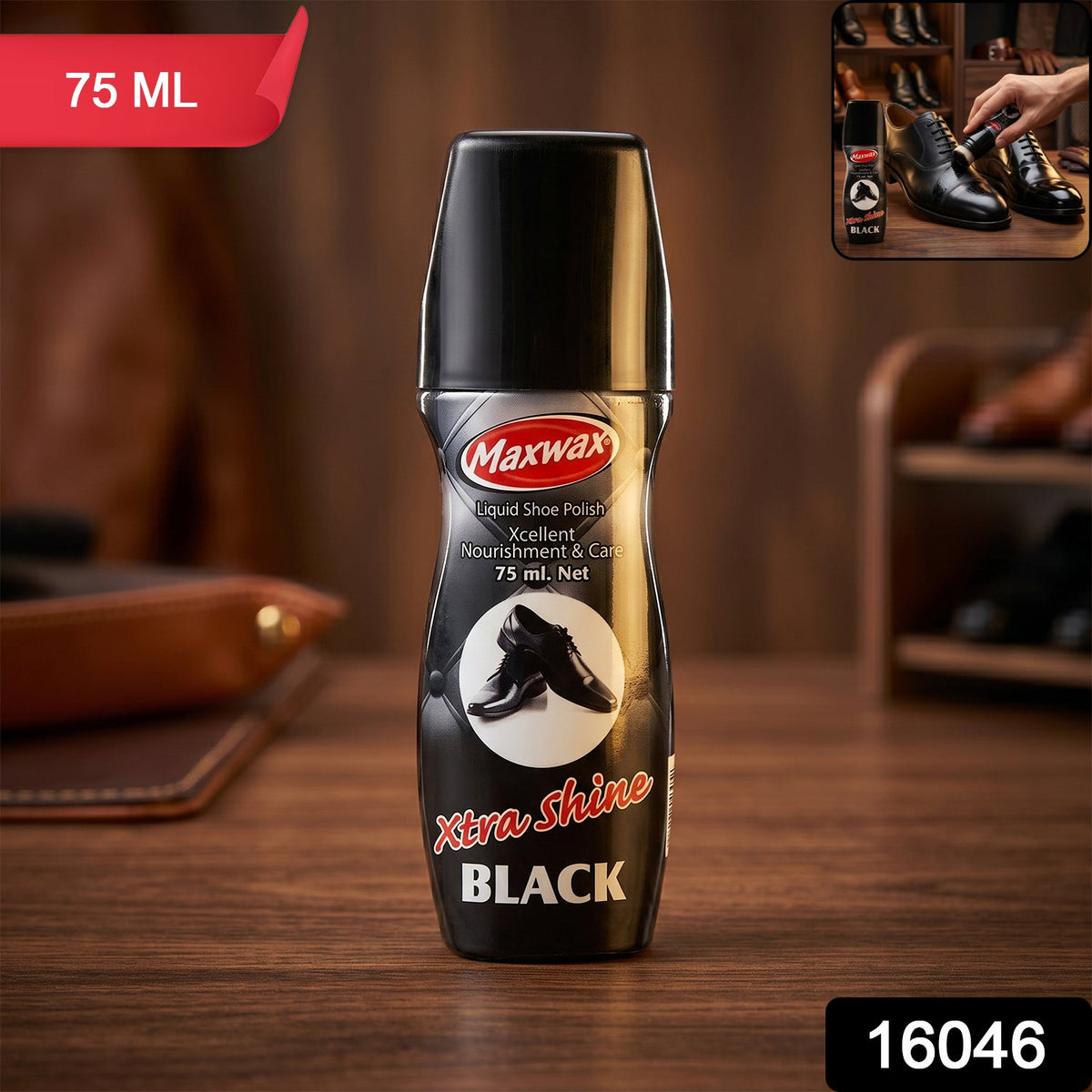 Maxwax shoe polish packaging in black liquid form