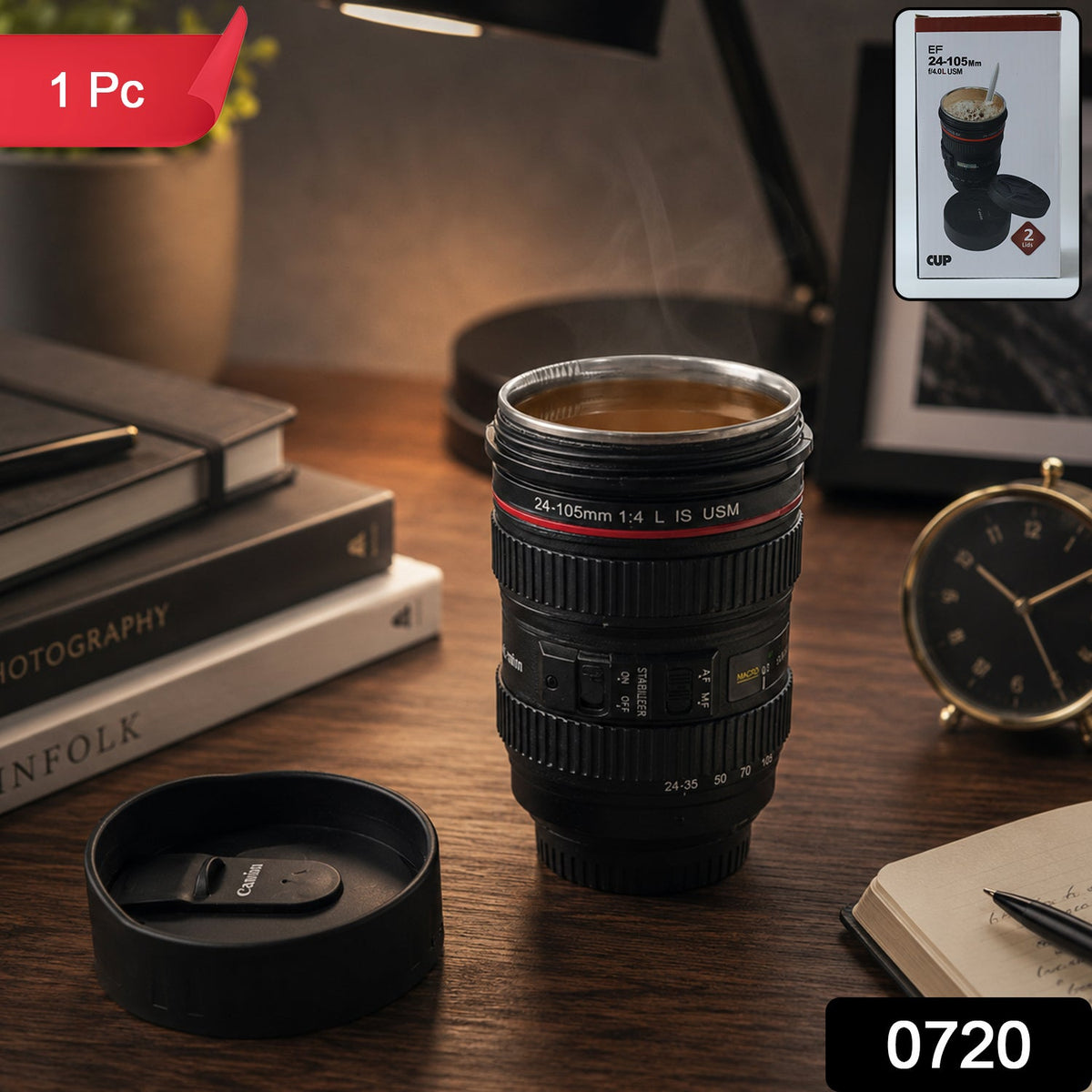 A photography enthusiast holding the camera lens coffee mug in a studio setting.