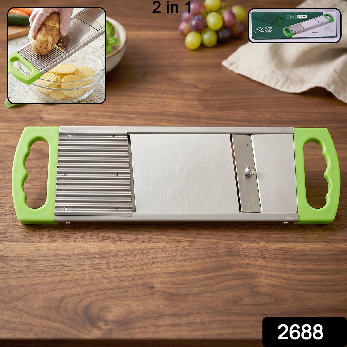 Close-up of the potato slicer's stainless steel blade, ready for cutting vegetables.